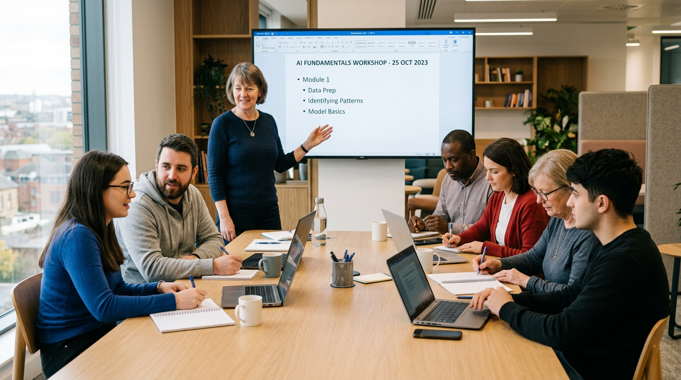 A small business team taking part in a practical AI training session around a meeting table