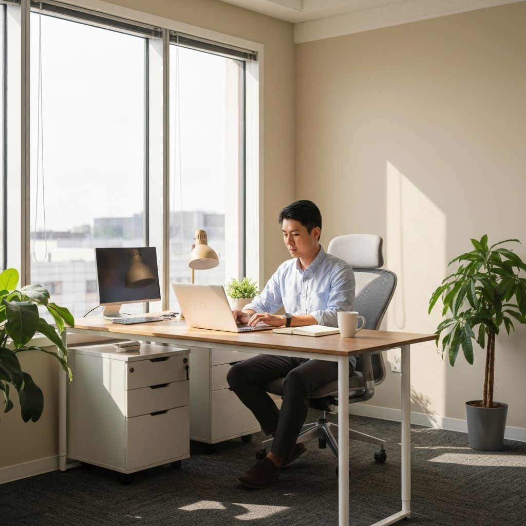 Professional workspace showing calm, productive work environment with modern technology